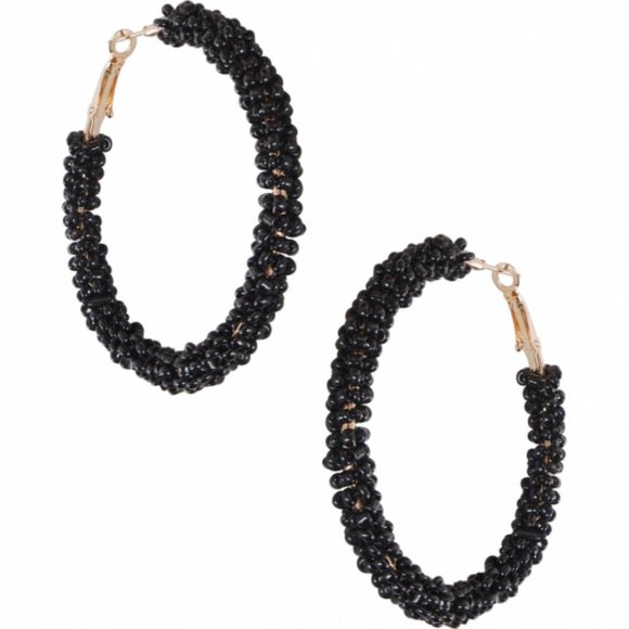 Black Beaded Hoop Earrings - Picture 3 of 4